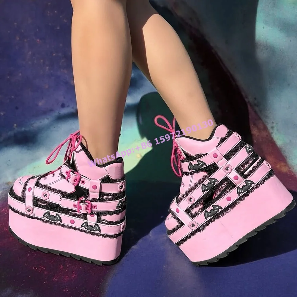 Women Shoes Size Chart - Lace Black Pink Belt Bat Boots