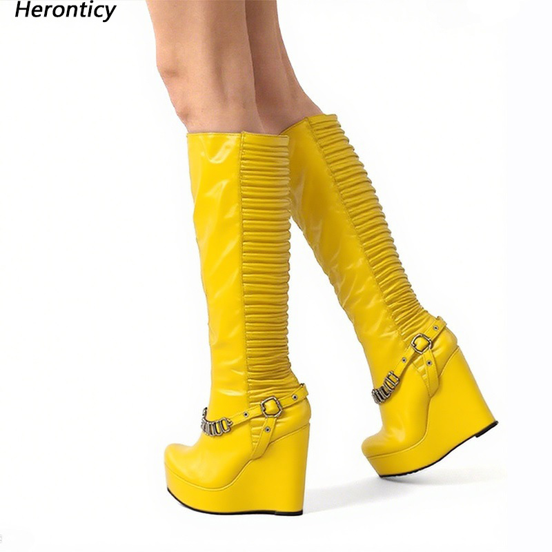 Women'S Shoes Yellow - Heronticy Handmade Women Winter Knee Boots
