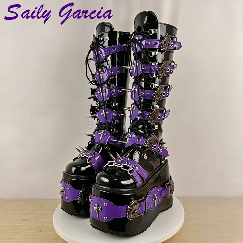 Skull Rivet Punk Knee-high Boo - Women Shoes Size Chart 评论和价格